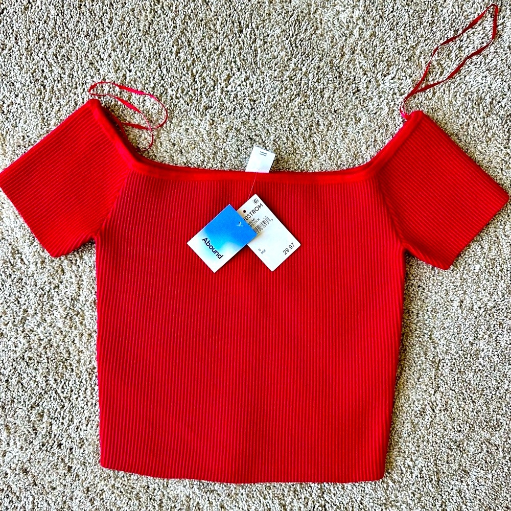 Abound Red Fitted Crop Blouse with Cap Sleeves